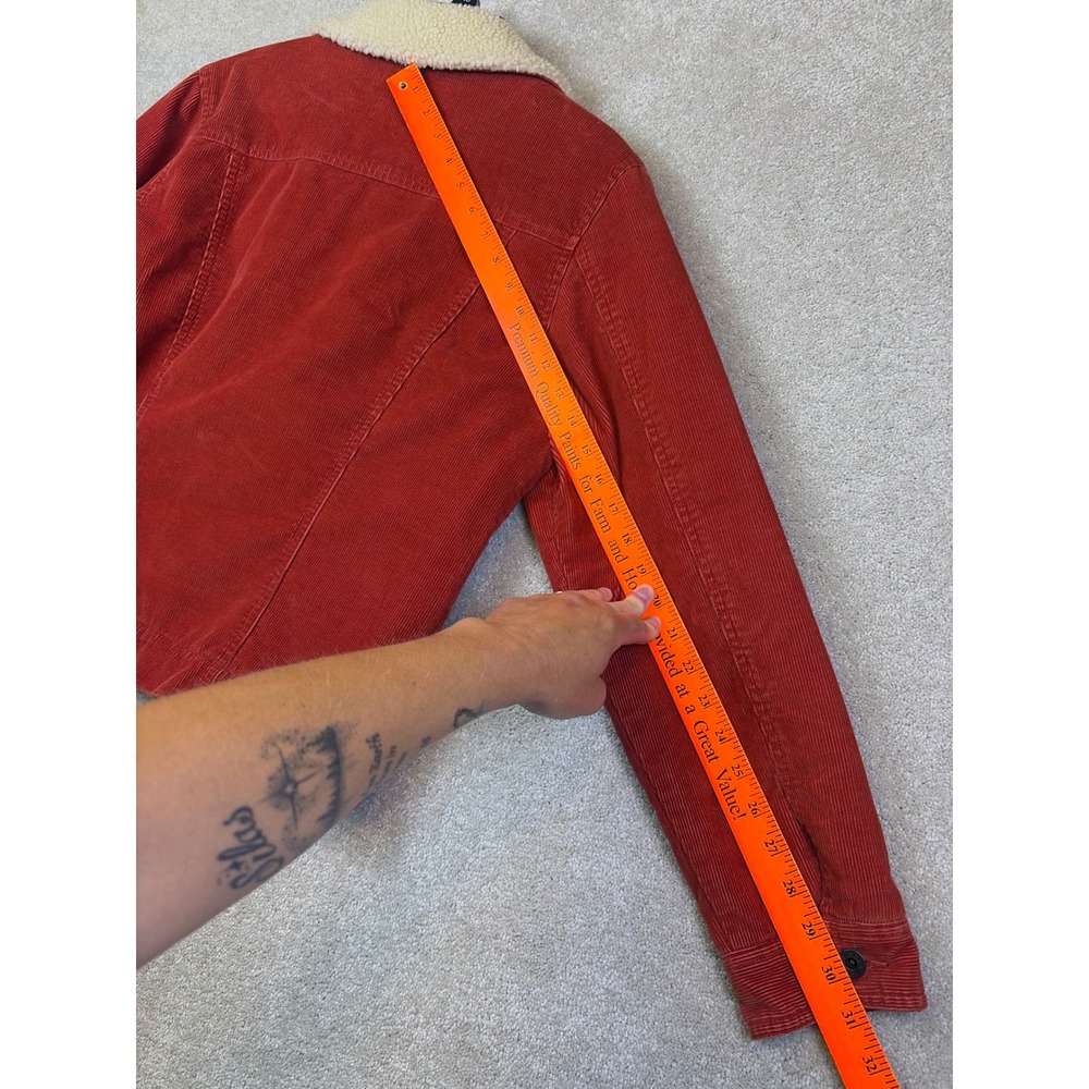 LL Bean Corduroy Trucker Jacket Womens Medium Burnt Orange Sherpa Lined Bomber - Picture 9 of 9